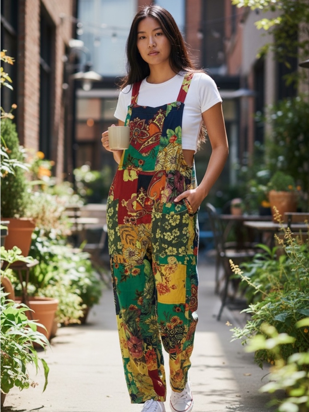 Patchwork Floral Overalls in Green, Red & Yellow From Nepal